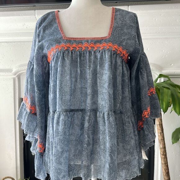 NWT Cousin Earl Lagenlook Florentine Blue Orange Bell SleevesTop Oversized Boho - Picture 15 of 16